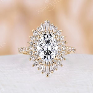 Art Deco Oval Moissanite Engagement Ring, 18K Gold Ring, Double Halo with Baguette & Round Diamond, Bridal Jewelry, Custom Gemstone Ring