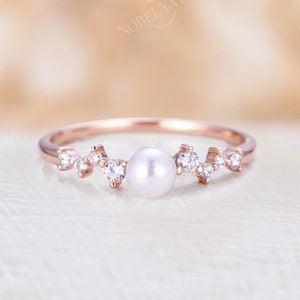 Vintage Akoya Pearl engagement Ring Rose Gold Delicate pearl wedding ring Unique Diamond cluster Bridal ring Promise Anniversary ring image 1