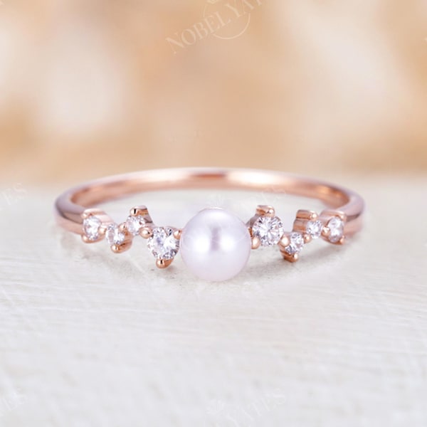 Vintage Akoya Pearl engagement Ring Rose Gold Delicate pearl wedding ring Unique Diamond cluster Bridal ring Promise Anniversary ring