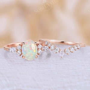 Vintage white opal Engagement Ring set oval cut natural opal ring rose gold ring prong ring diamond moissanite ring cluster ring wedding