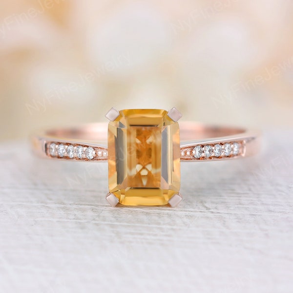 Vintage Citrine engagement ring Emerald cut unique prong ring pave diamond band rose gold ring Bridal ring art deco ringAnniversary