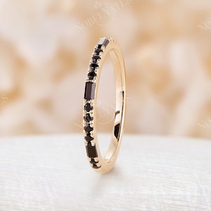 Art-Deco-Hochzeitsring aus schwarzem Onyx, Band aus 18K Gelbgold, Vintage-Ring im Baguetteschliff, stapelbarer passender Ring, Brautring