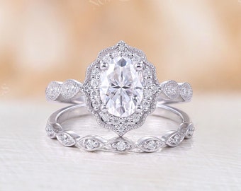 Moissanite engagement ring white gold Vintage art deco ring set Antique milgrain Diamond half Eternity wedding Bridal Anniversary ring