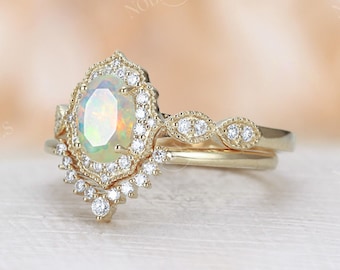 Faceted Opal engagement ring yellow gold diamond halo ring vintage art deco ring bridal set unique milgrain curved wedding Anniversary ring