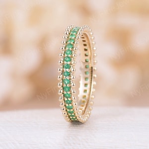 Vintage Emerald Wedding Band, 14K Yellow Gold Milgrain Wedding Ring, Unique Art Deco Full Eternity Bridal Ring, Anniversary Promise Ring