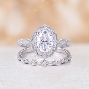 Moissanite engagement ring white gold Vintage art deco ring set Antique milgrain Diamond half Eternity wedding Bridal Anniversary ring