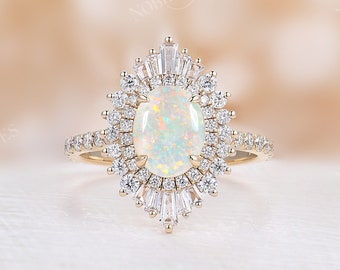 Vintage Natural Opal Engagement ring Art deco Oval cut Unique Diamond/CZ ring yellow gold Baguette halo half eternity Bridal Anniversary