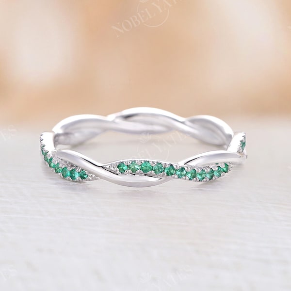 Art deco lab emerald wedding band infinity white gold full eternity wedding ring unique twisted twining pave bridal dainty stacking ring