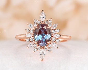 Oval cut lab alexandrite engagement ring halo rose gold cluster moissanite ring vintage marquise cut ring round cut anniversary promise ring