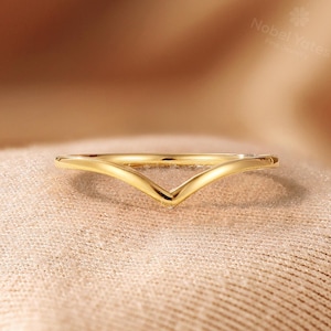 Plain Solid Gold Curved Wedding Band, Custom Chevron Matching Ring, Stackable Anniversary Ring