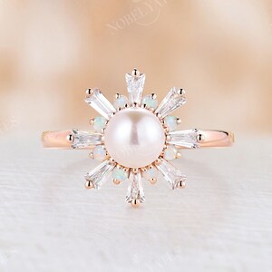Art Deco Akoya Pearl Engagement Ring,Rose Gold Gatsby Opal Halo Moissanite Ring,Vintage Starburst Baguette CZ Ring,Anniversary Promise Ring