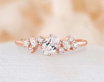 Art deco oval shape moissanite cluster engagement ring vintage rose gold ring antique pear & round cut ring unique anniversary promise ring