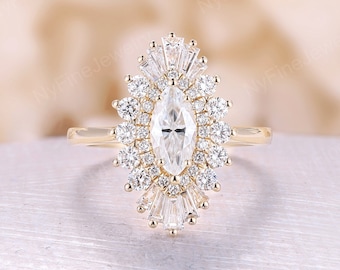 Marquise cut Moissanite engagement ring vintage yellow gold ring baguette Diamond/CZ halo Art deco ring bridal ring Anniversary ring