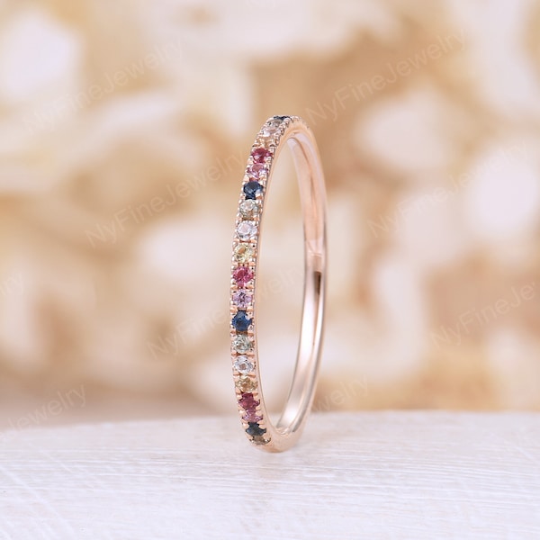Rainbow natural sapphire wedding band Rose gold delicate Bridal colorful antique half eternity matching band Stacking Promise Anniversary