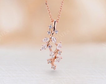 Moissanite necklace Rose gold Diamond Cluster necklace Delicate leaf wedding Bridal Simple dainty Charm Necklaces Promise Anniversary