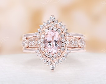 Pink Morganite engagement ring set three pieces rose gold diamond Halo ring half eternity unique art deco antique bridal set Anniversary