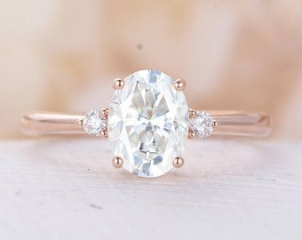 Moissanite Engagement Ring 14K/18K Rose gold ring Oval cut vintage three stones ring prong classical simple Bridal Anniversary Promise ring