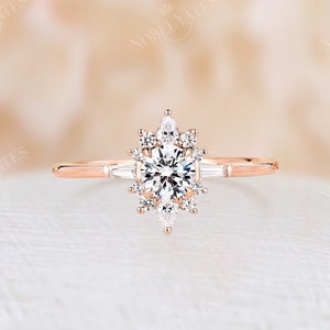 Vintage Round Cut Moissanite Engagement Ring, Rose Gold Ring, Tapered Baguette Cut Cubic Zirconia Ring, Anniversary Promise Ring for Women
