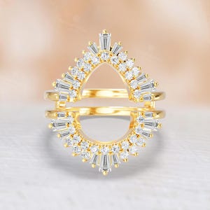 Art Deco Cluster Moissanite Double Curved Wedding Band, 14K Solid Gold Enhancer Band Ring, Matching Promise Anniversary Rings for Women