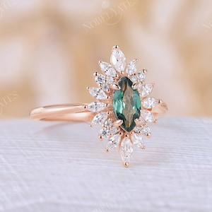 Green sapphire engagement ring marquise cut ring lab green sapphire diamond halo ring rose gold ring moissanite ring art deco ring vintage