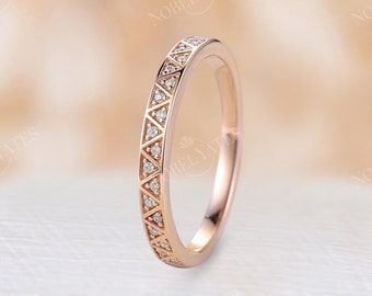 Art deco diamond wedding band Vintage half eternity Rose gold wedding ring unique triangle design bridal ring anniversary promise ring