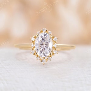 Vintage moissanite engagement ring oval cut ring 14K/18K yellow gold diamond halo prong ring wedding Bridal promise art deco Anniversary