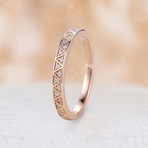 Art Deco Diamond Wedding Band,Vintage Half Eternity Band,Rose Gold Wedding Ring, Unique Triangle Design Bridal Ring,Anniversary Promise Ring