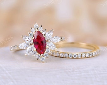 Ruby engagement ring set marquise cut ring unique halo ring vintage ring prong set bridal set moissanite ring diamond ring solid gold ring