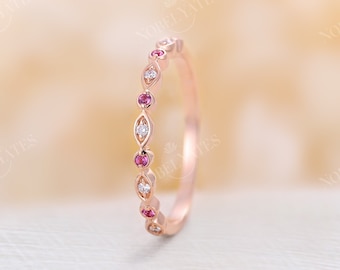 Rose gold diamond wedding band pink sapphire Art deco vintage Bridal antique half eternity matching band Stacking Promise Anniversary