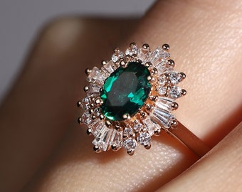Vintage Emerald engagement ring Art deco Oval lab emerald ring Unique rose gold ring baguette cut diamond halo ring Bridal Anniversary ring