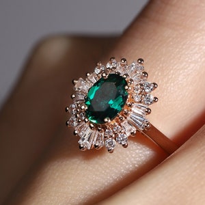 Vintage Emerald engagement ring Art deco Oval lab emerald ring Unique rose gold ring baguette cut diamond halo ring Bridal Anniversary ring