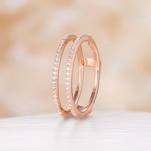 Art Deco Ring Enhancer Wedding Band, Rose Gold Double Band Ring, Half Eternity Diamond Pave Bridal Ring, Matching Promise Anniversary Ring