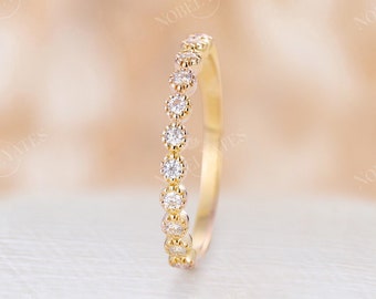 Vintage yellow gold wedding band half eternity band Moissanite ring Delicate stacking Bridal matching milgrain band promise anniversary