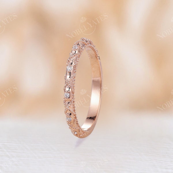 Rose gold Diamond wedding band vintage art deco half eternity band antique stacking matching ring unique floral Milgrain promise ring