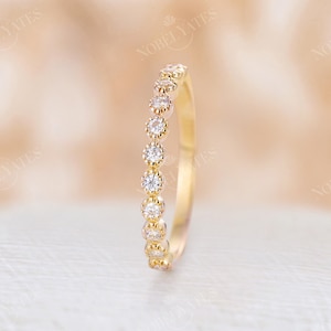 Vintage yellow gold wedding band half eternity band Moissanite ring Delicate stacking Bridal matching milgrain band promise anniversary image 1