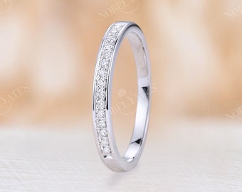 Paved white gold wedding band art deco natural diamond wedding ring dainty half eternity stacking Channel wedding bridal ring anniversary