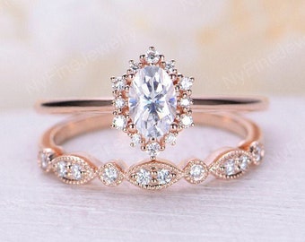 Vintage Engagement Ring Set Oval Cut Moissanite Engagement Etsy