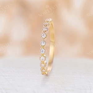 Delicate Natural Diamond Wedding Band, 18K Yellow Gold Milgrain Ring, Half Eternity Wedding Ring, Vintage Stackable Matching Rings for Women