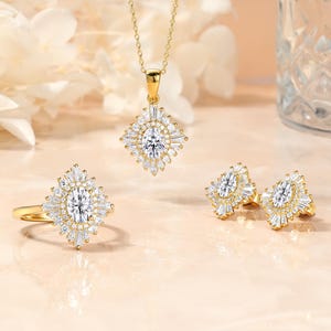 Art Deco Moissanite Wedding Ring with CZ Double Halo, 14K Solid Gold Fine Jewelry, Custom Gems Pendant, Unique Floral Bridal Stud Earrings