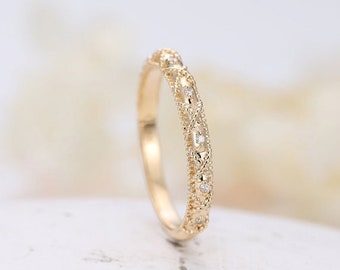 Vintage Diamond moissanite wedding band art deco half eternity bridal straight band yellow gold stacking matching ring bridal Milgrain band