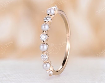 Art Deco Rose Gold Wedding Band pearl ring Round Moissanite freshwater Pearl Wedding ring Vintage Bridal Ring Anniversary Promise ring