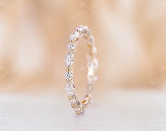 Moissanite wedding band yellow gold wedding band vintage Marquise cut ring stacking matching Unique Full eternity ring bridal Promise ring