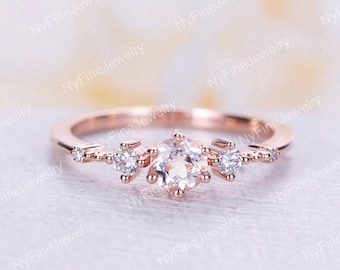 Morganite engagement ring round cut rose gold Unique diamond ring Vintage art deco prong wedding delicate Bridal ring Anniversary promise