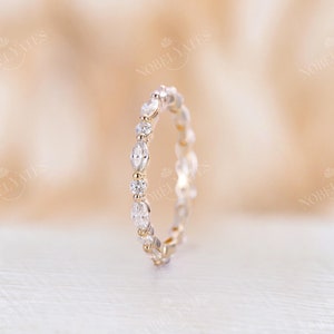 Moissanite wedding band yellow gold wedding band vintage Marquise cut ring stacking matching Unique Full eternity ring bridal Promise ring