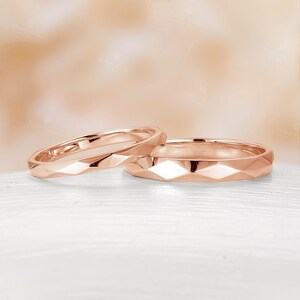 Faceted Rose Gold Wedding Band Set, Modern Geometric Matching Rings for Couples, Simple Promise Ring, His and Hers Band, Couples&#39; Band