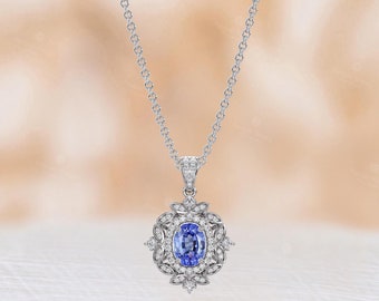 Lab Cornflower Sapphire Pendant Necklace, Halo Floral Moissanite Pendant, 18K White Gold Necklace, Leaf Necklace, Elegant Anniversary Gift