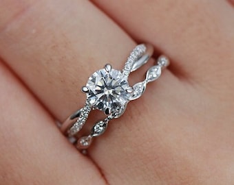 Moissanite Engagement Ring set white gold Unique twisted Ring Vintage Diamond pave straight matching wedding band Bridal set Anniversary