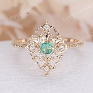 Vintage natural emerald engagement ring art deco 14K/18K yellow gold ring antique round cut diamond Delicate promise anniversary ring