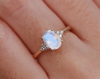 Antique Oval Moonstone engagement ring yellow gold Diamond prong ring wedding ring Vintage Unique Bridal ring Promise Anniversary ring