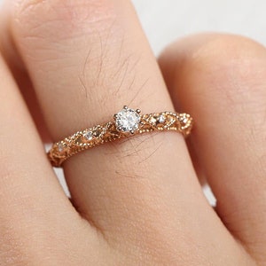 Vintage round shaped moissanite engagement ring Antique rose gold Milgrain ring Delicate Half eternity ring wedding promise Anniversary ring image 1